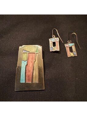 Carly Wright Sterling Silver 925 Enamel Brooch & Earrings Set One Size